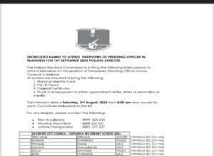 SHORTLISTED NAMES TO ATTEND INTERVIEWS OF PRESIDING OFFICER IN READINESS FOR 16th SEPTEMBER 2025 POLLING EXERCISE